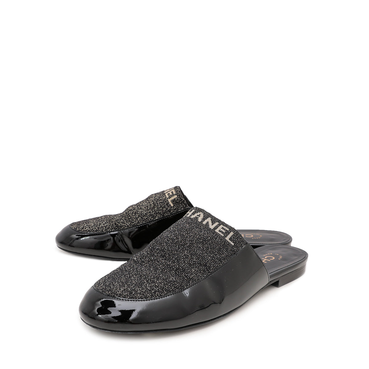 Chanel Black Glitter Fabric Logo Flat Mules 38.5