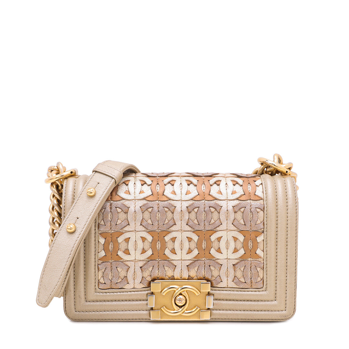 Chanel Champagne Le Boy Runway Gold Metallic CC Embellished Small Bag