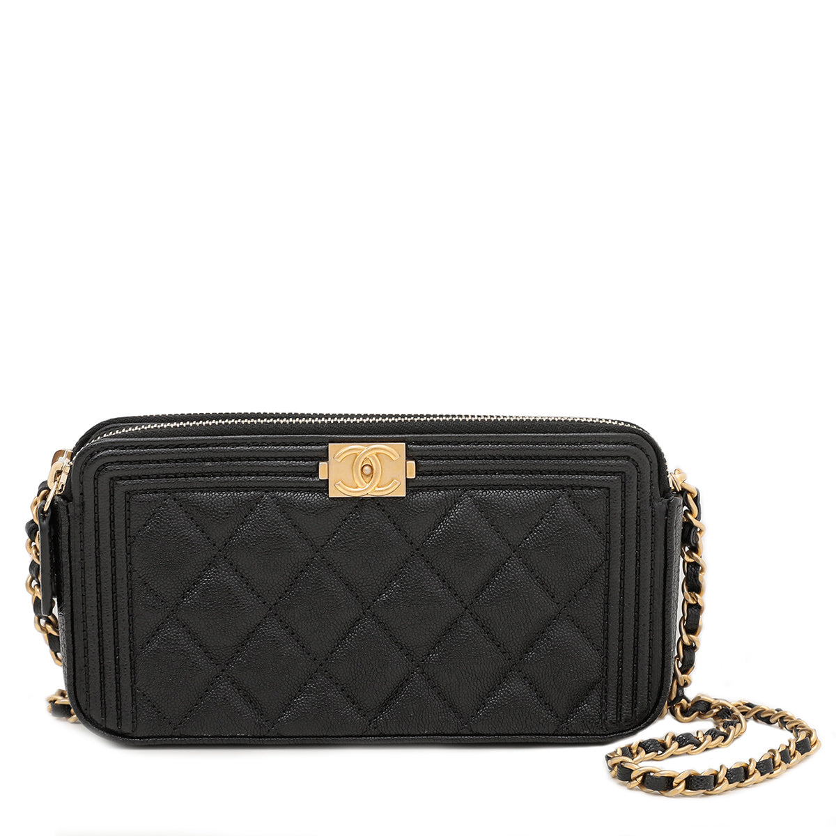 Chanel Black Le Boy Double Zip Around Wallet On Chain Caviar