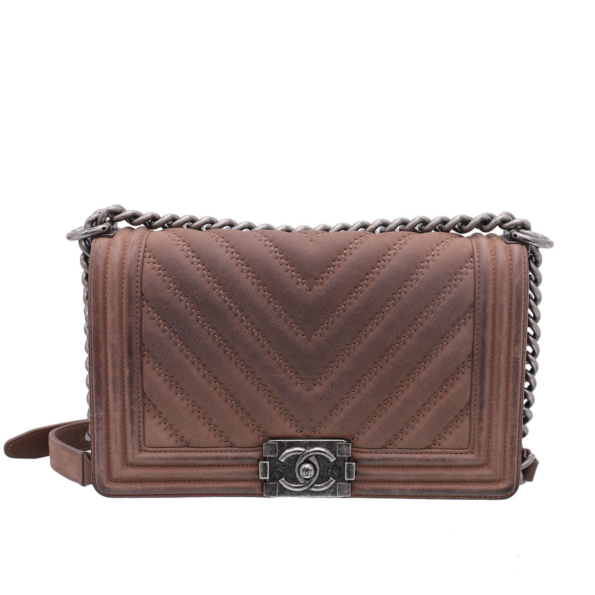 Chanel Brown Nubuck Chevron Stitch Le Boy Bag