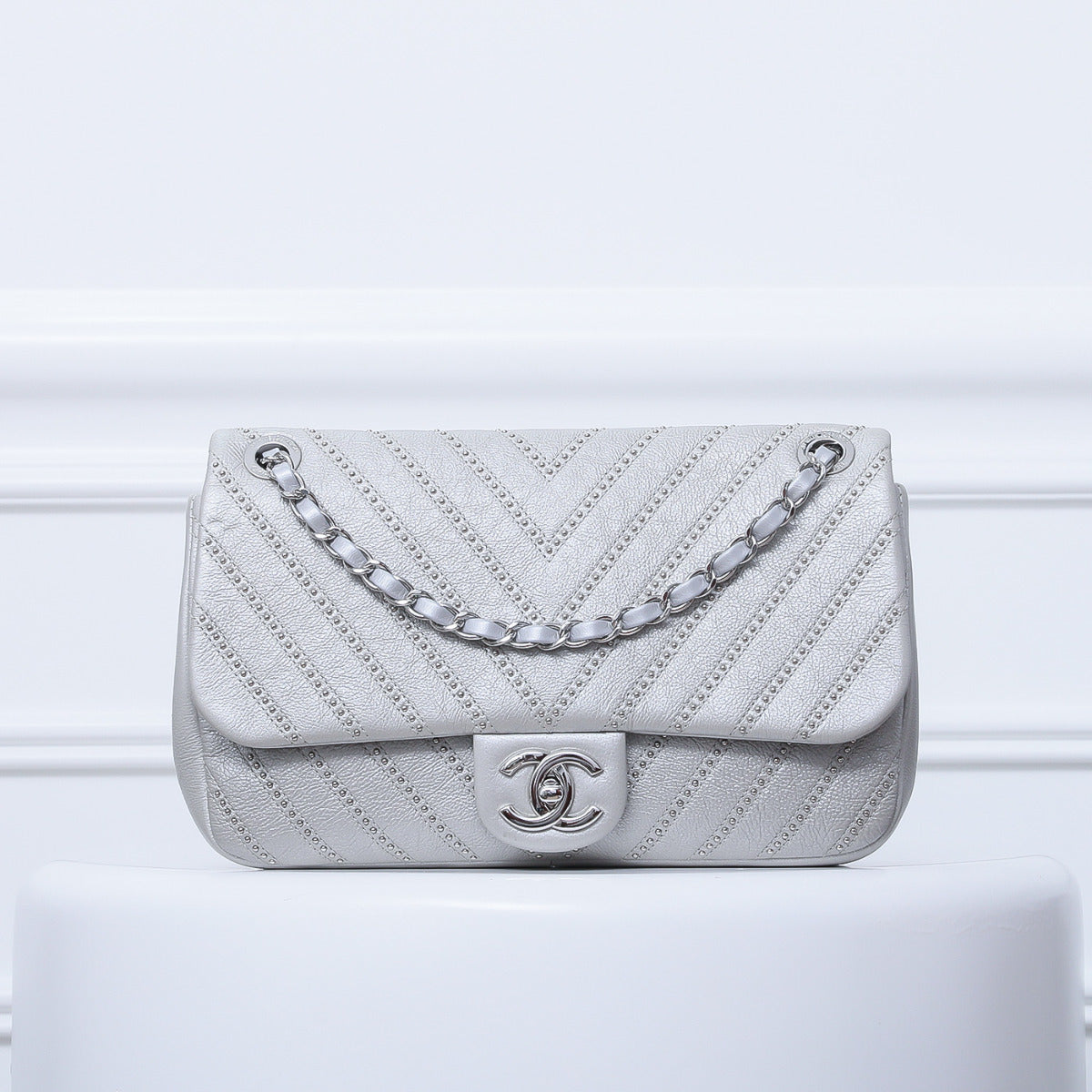 Chanel Silver Grey Studded Chevron Flap