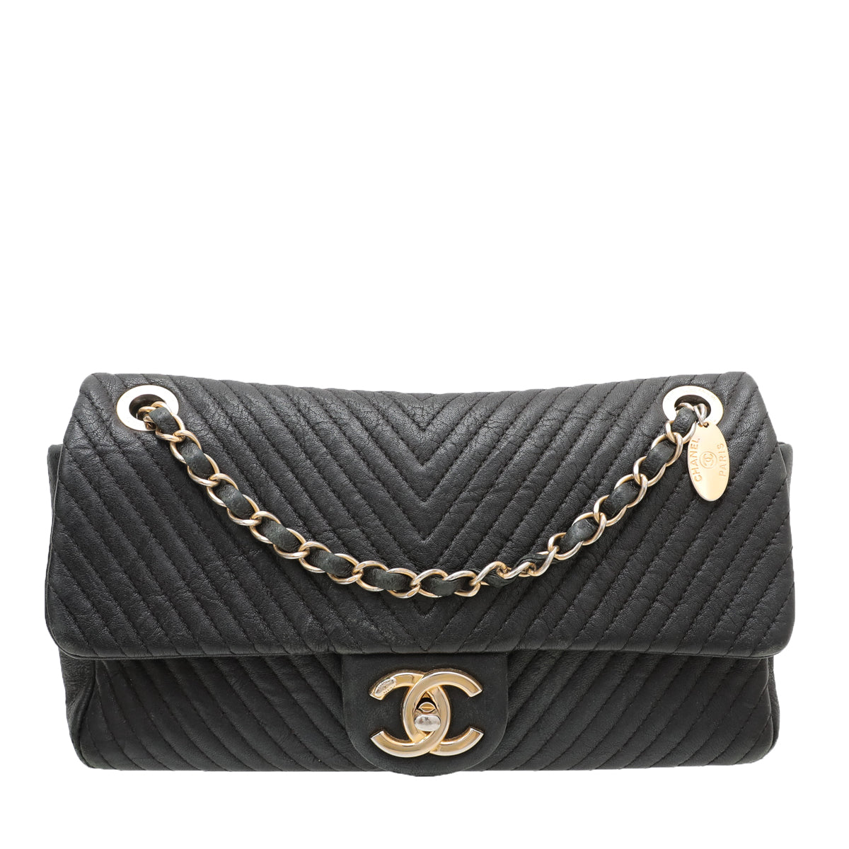 Chanel Black Surpique Chevron Flap Bag
