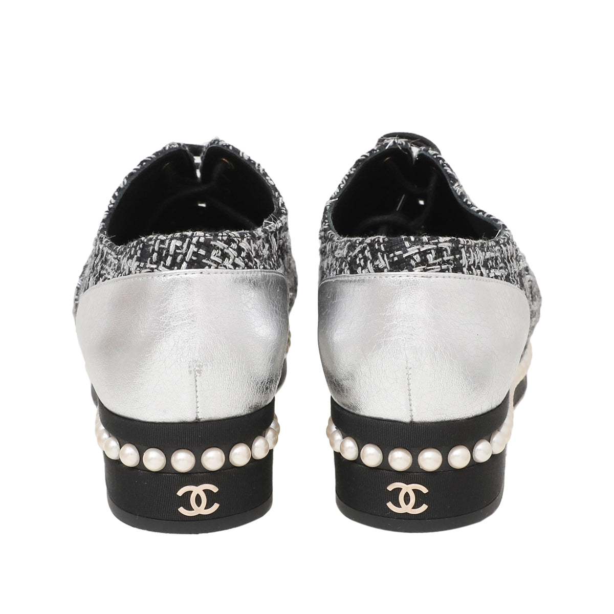 Chanel Black Silver Tweed Pearl Lace Up Oxford 37