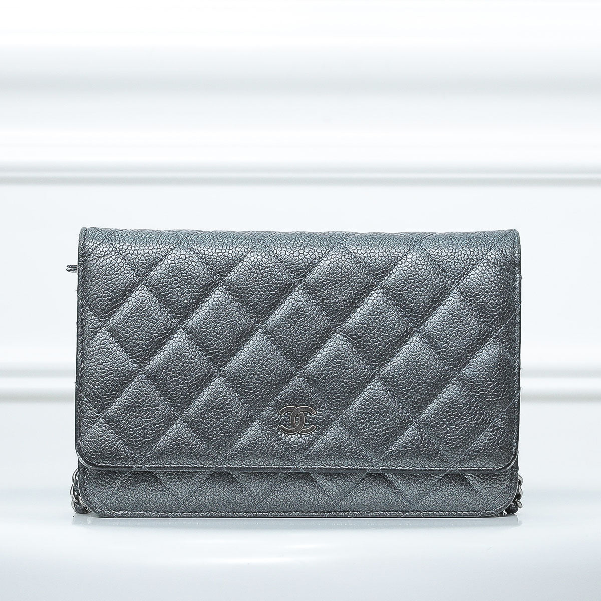 Chanel Grey Metallic Wallet on Chain Clutch