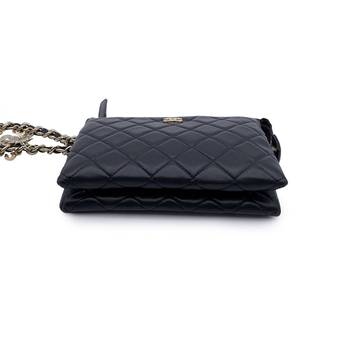 CHANEL 2021 Black Quilted Leather Cocp Charms Pouch Clutch Bag
