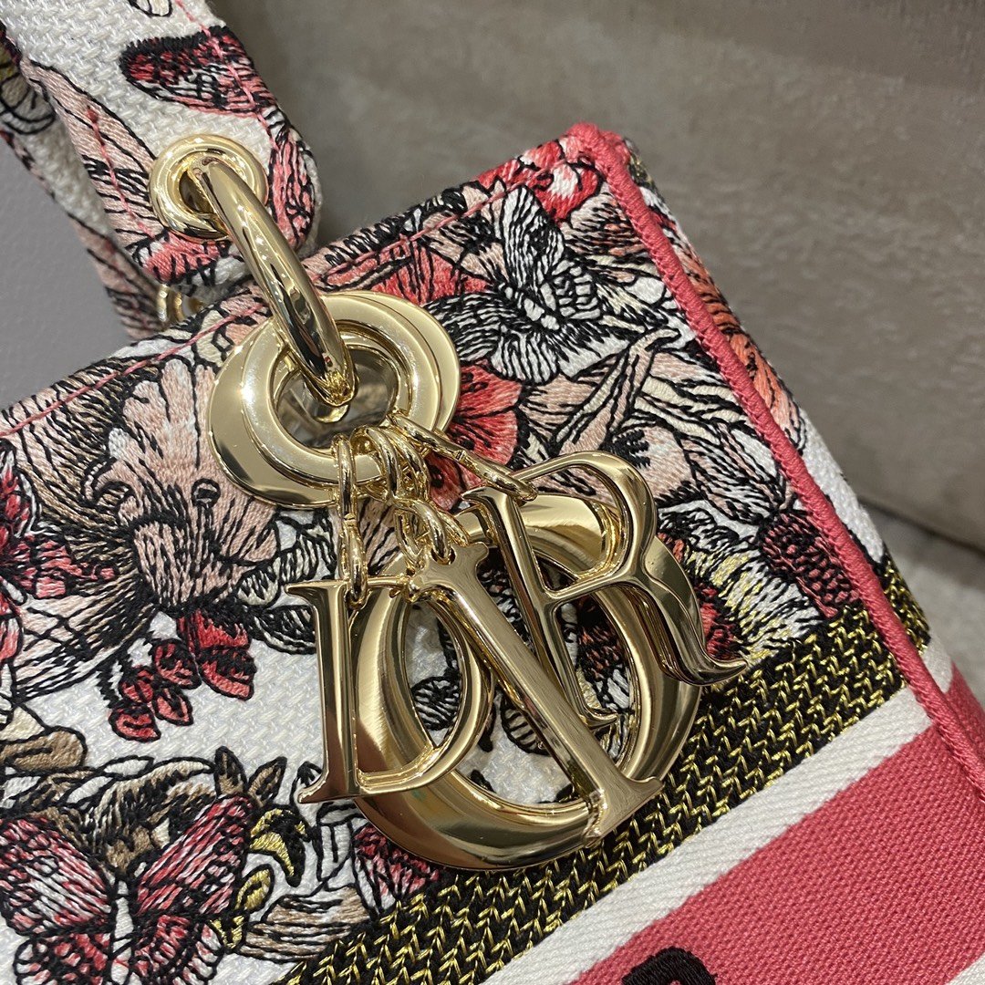 Top Quality MeTop Qualityum Lady D-Lite Bag Multicolor Butterfly Embroidery, Red/Latte Handbags, 24cm CD M0565ORHQ_M884