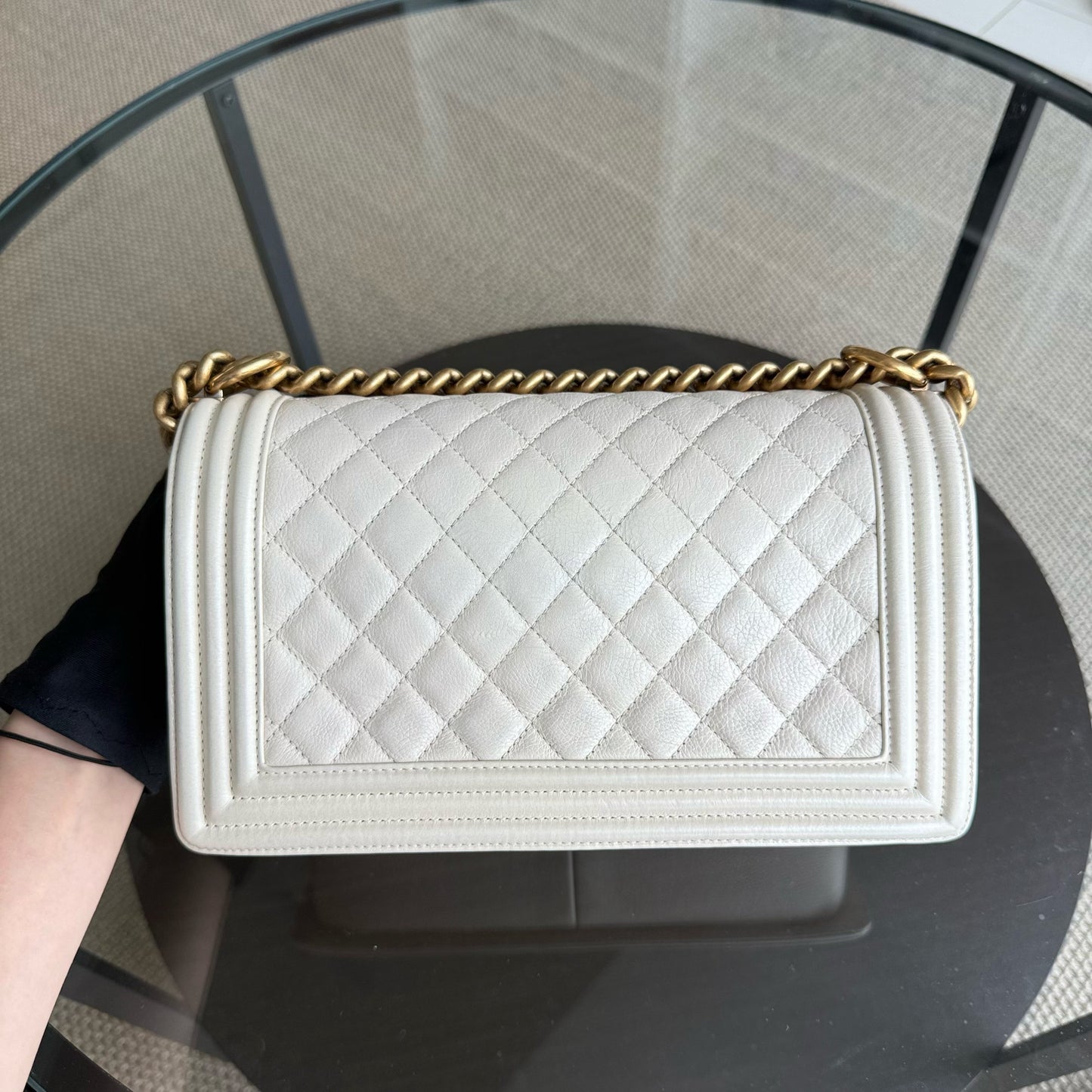 Chanel Boy Medium - Calfskin 25CM Quilted Cream White Aged Gold Hardware Series 20