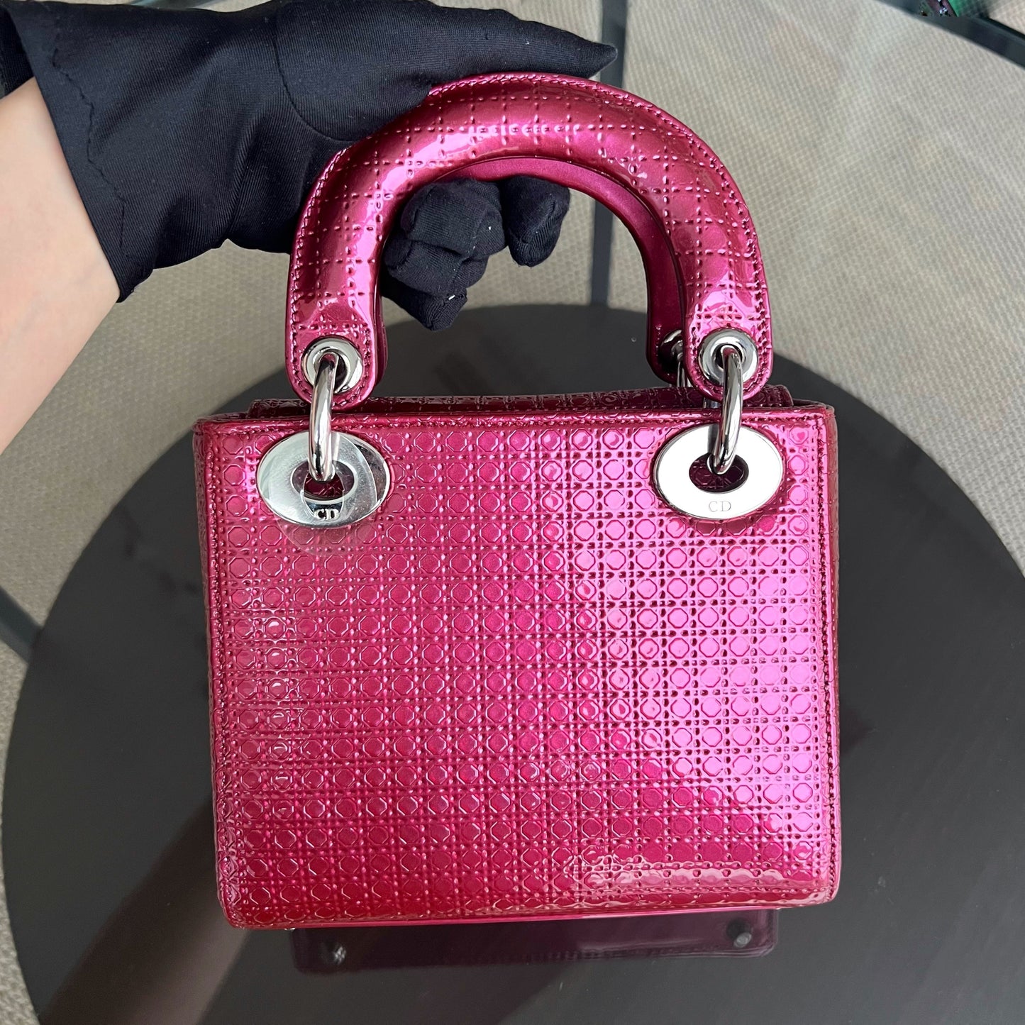 Dior Lady Mini - Micro-Cannage Dark Pink Silver Hardware Adjustable Strap