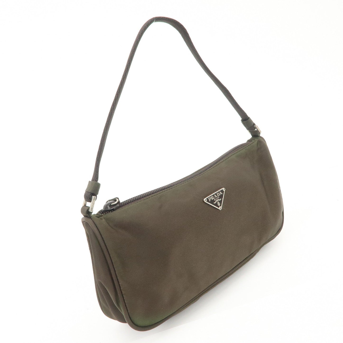 PRADA Triangle Logo Nylon Leather Accessory Pouch Hand Bag Khaki Silver HDW d