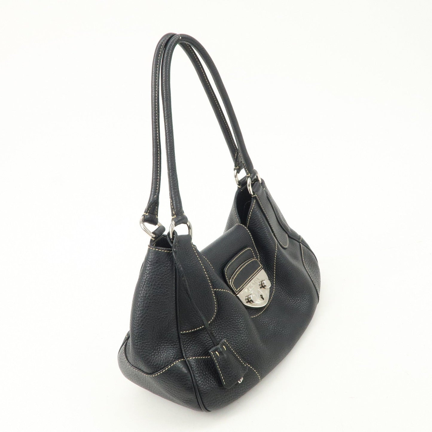 PRADA Logo Leather Shoulder Bag Hand Bag Black Silver Hardware