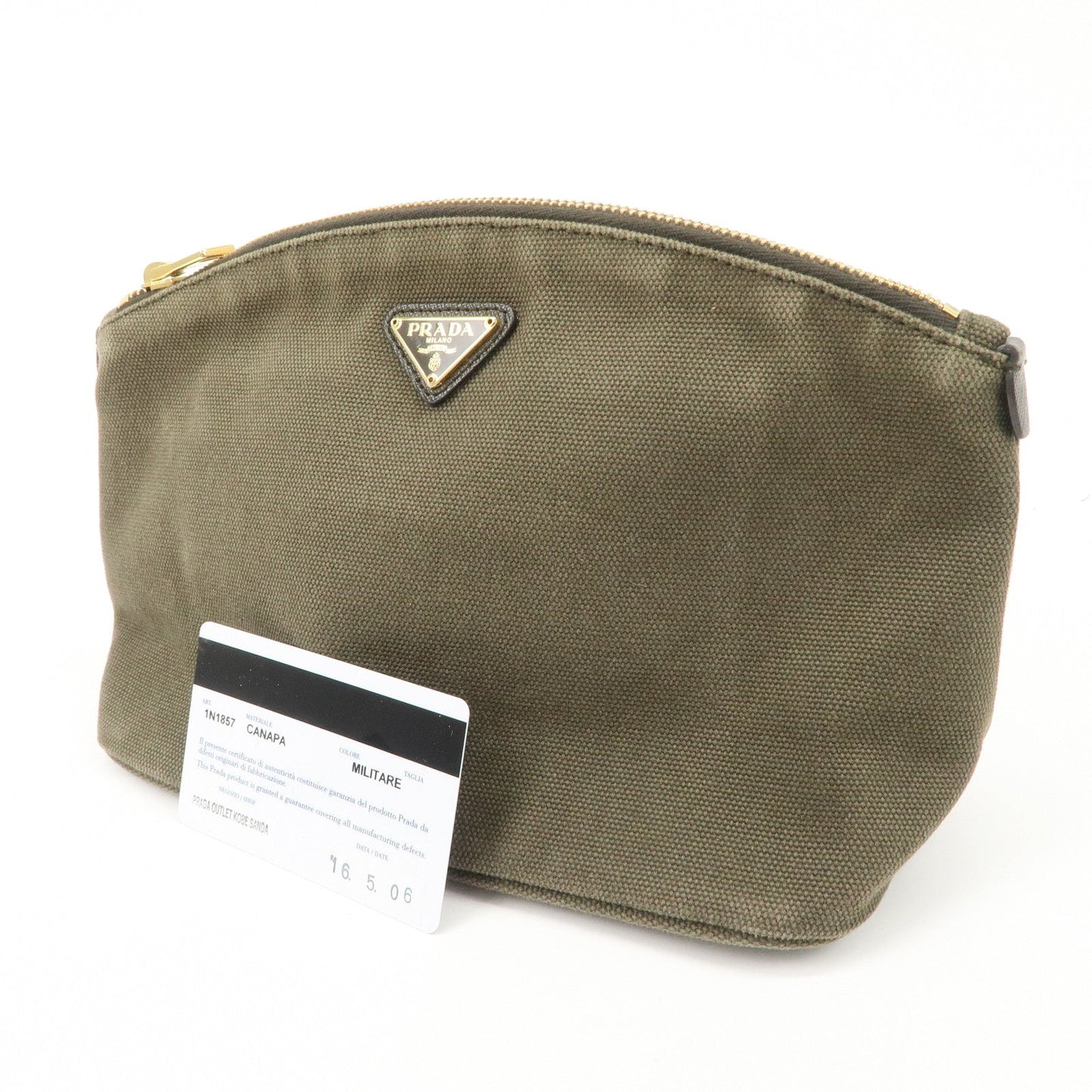 PRADA Triangle Logo Canvas Leather Cosmetic Pouch Khaki 1N1857 d