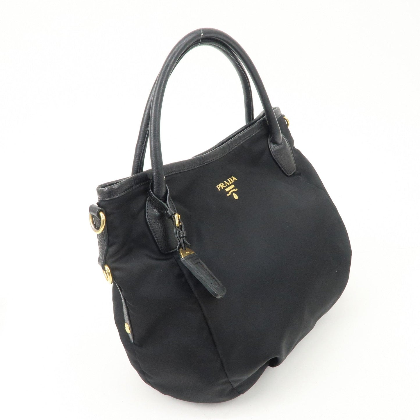 PRADA Logo Nylon Leather 2way Tote Bag Hand Bag Black Gold Hardware d