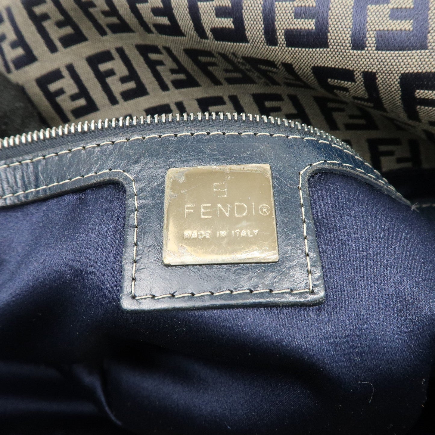 FENDI Zucchino Canvas Leather Shoulder Bag Hand Bag Grey Navy 26796 d