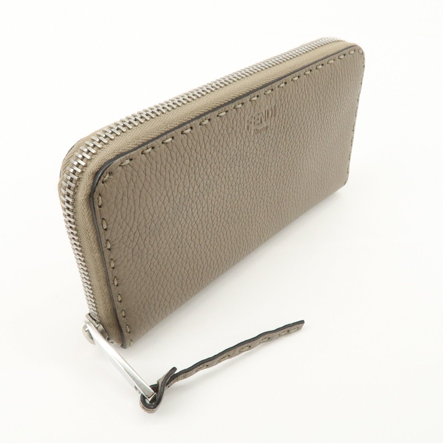 FENDI Selleria Leather Zip Around Long Wallet Greige 8M0374 d