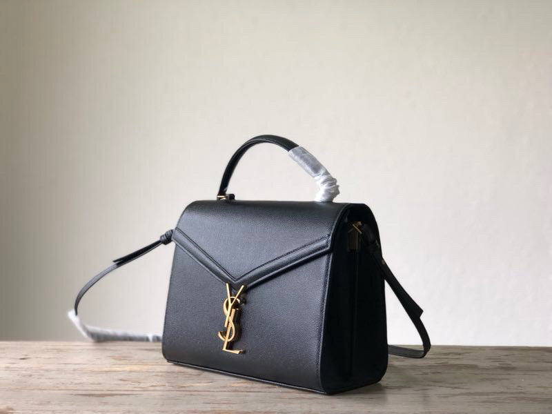 YSSL Cassandra Medium Top Handle Bag In Grain De Poudre Embossed Black For Women 9in/25cm 623931BOW0W1000