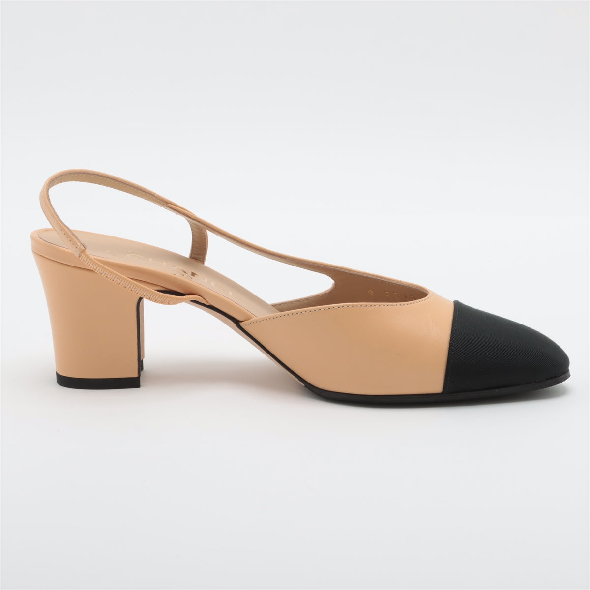 Chanel Coco Leather X Fabric Strap Pump EU37 Beige X Black G31318 Box Bag