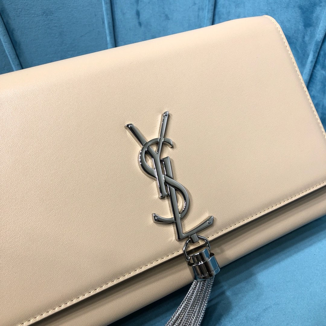 YSSL Kate Medium Chain Bag With Tassel In Grain De Poudre Beige For Women 9in/24cm YSL