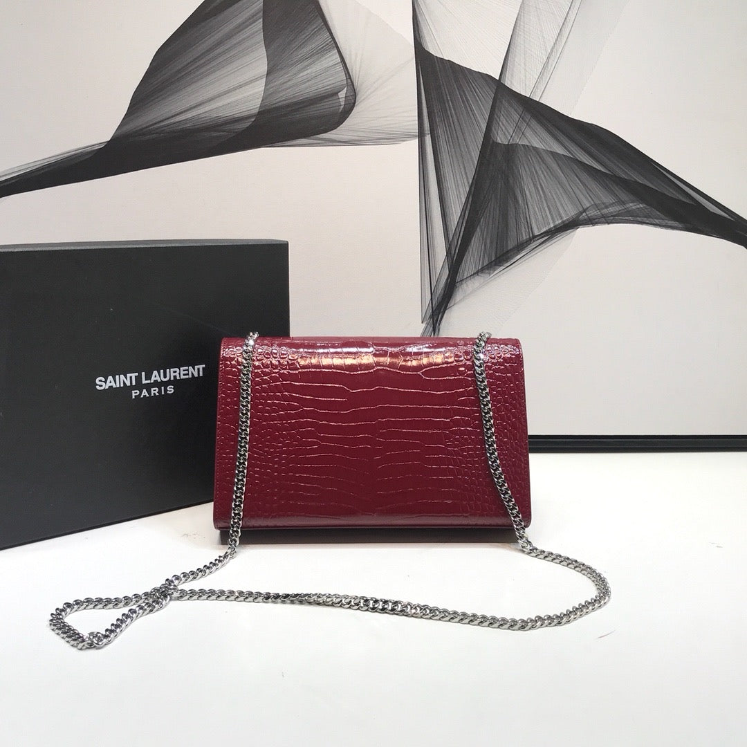 YSSL Kate Medium Chain Bag With Tassel In Shiny-Embossed Burgundy For Women 9in/24cm