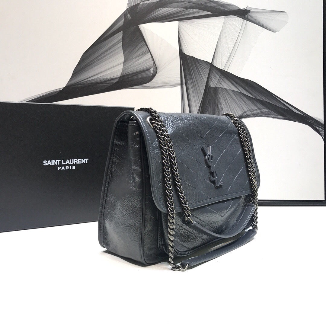 YSSL Niki Medium Chain Bag In Crinkled Grey For Women 11in/28cm YSL 6331580EN041112