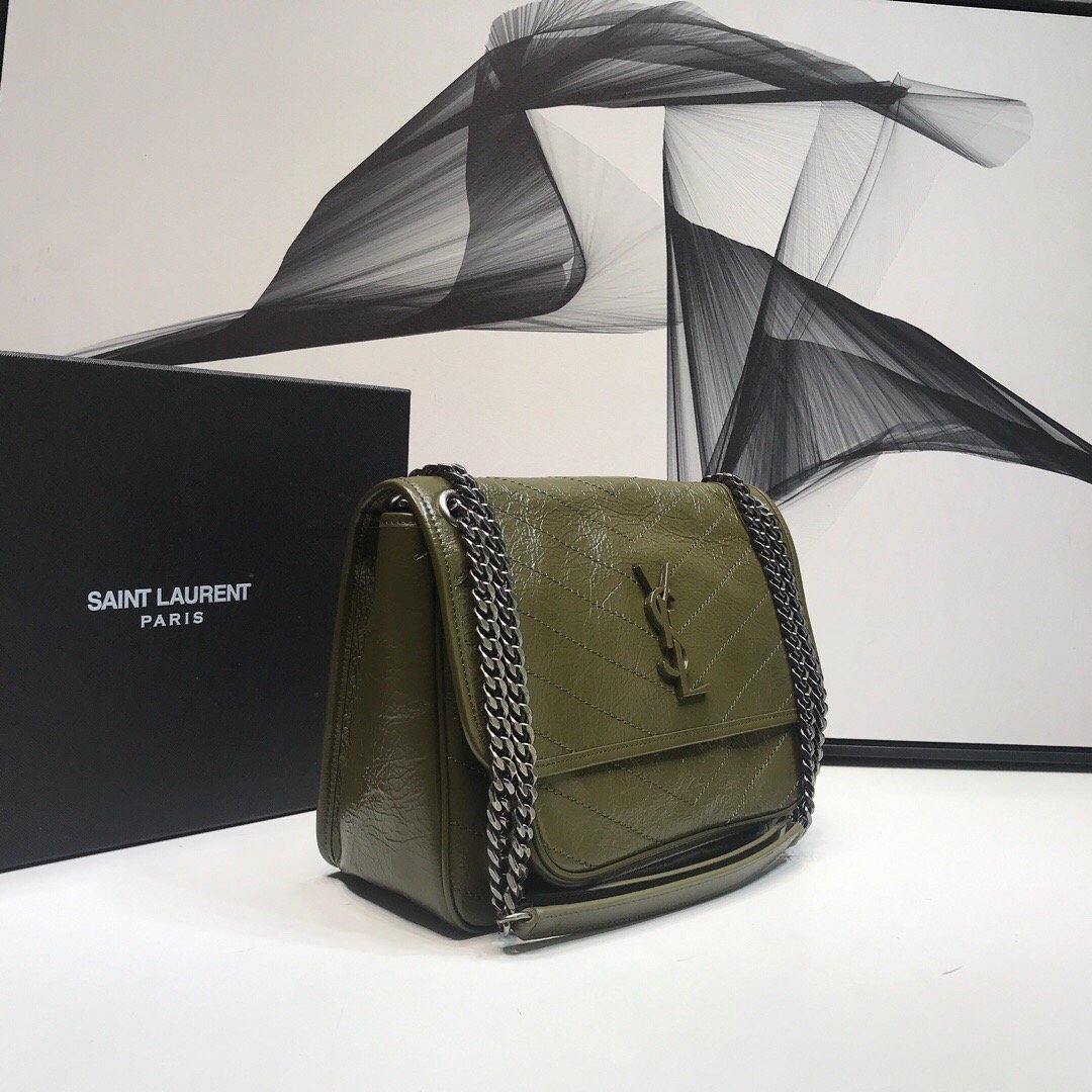 YSSL Niki Medium Chain Bag In Crinkled Green For Women 11in/28cm YSL 6331581YG041229