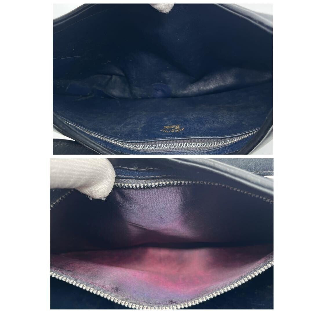 , rare, midnight blue leather, Gucci shoulder bag with a large, two-tone 'GG' emblem and removable strap