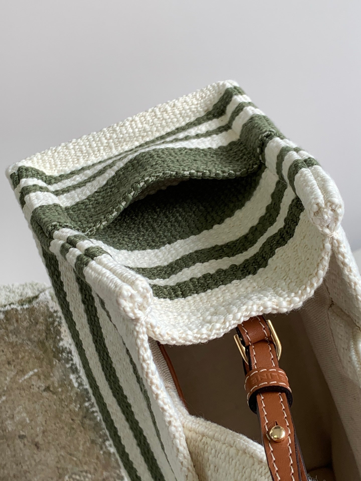 Top Quality Striped Small Triomphe Cabas Thais Nature Green For Women 11.4in/29cm