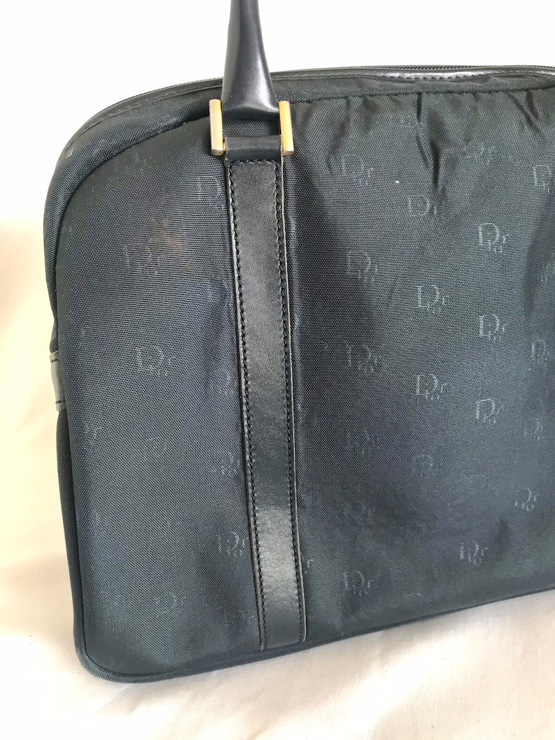 CHRISTIAN DIOR navy handbag with logo jacquard nylon and leather trimmings