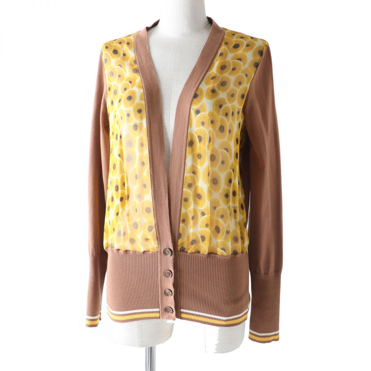 HERMES cardigan Part: 100% silk, Part: 100% cotton Brown x Yellow type (Sunflower Pattern) Women 38 d