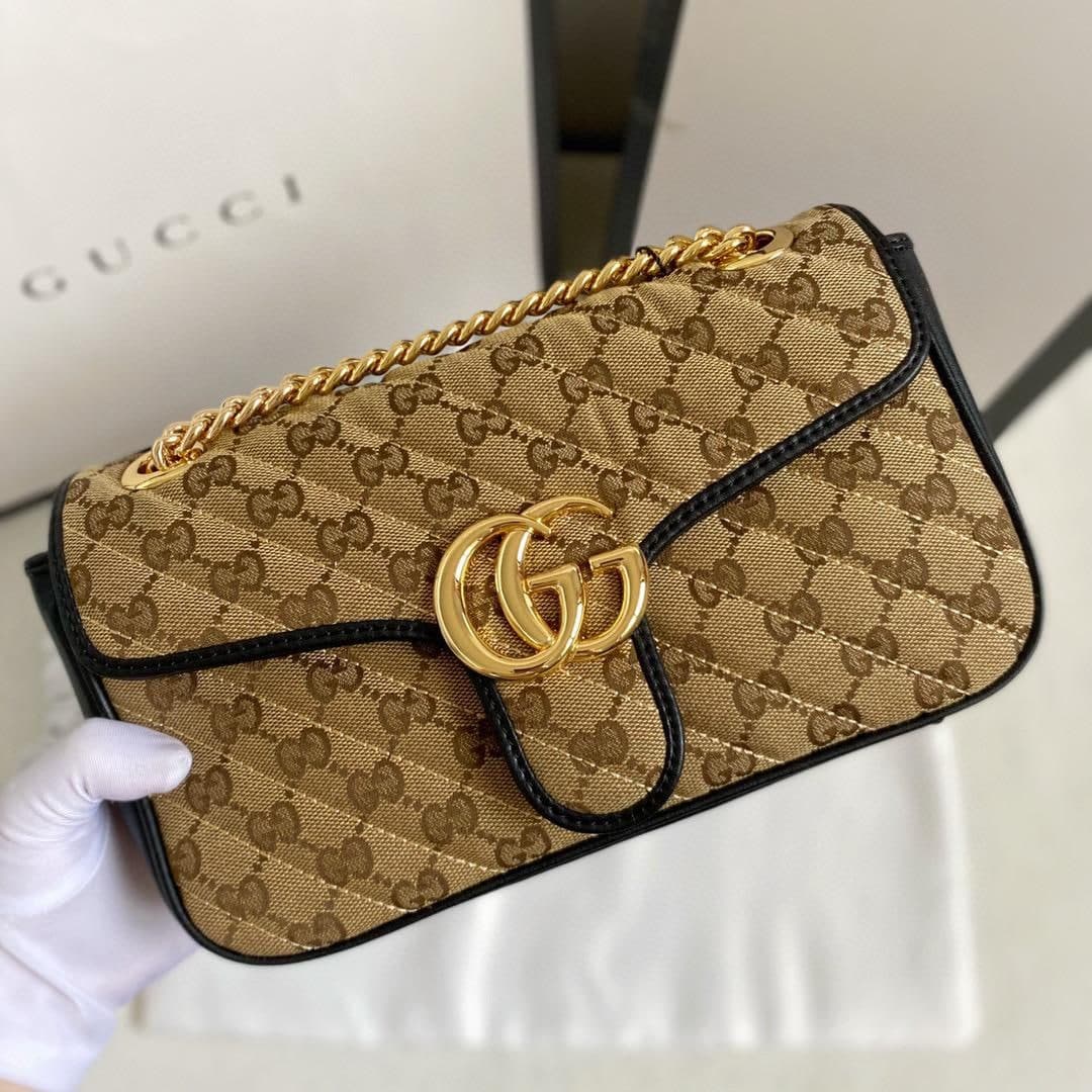 gg Marmont Small Shoulder Bag Beige/Ebony Diagonal Matelassé Original gg Canvas For Women 10in/26cm 443497 HVKEG 9772