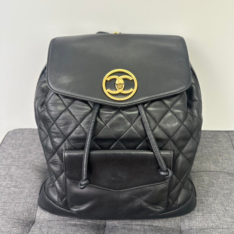 Chanel Black Lambskin Turn-lock Chain Backpack