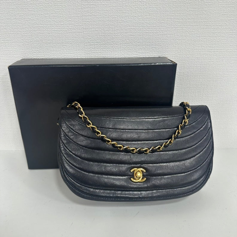 Chanel Black Lambskin Half Moon Flap Chain Bag - Medium Size