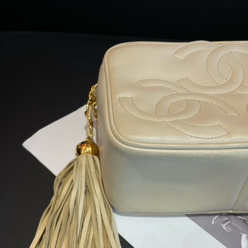 Chanel White Leather Camera Bag With Tassel Gold Chain Strap