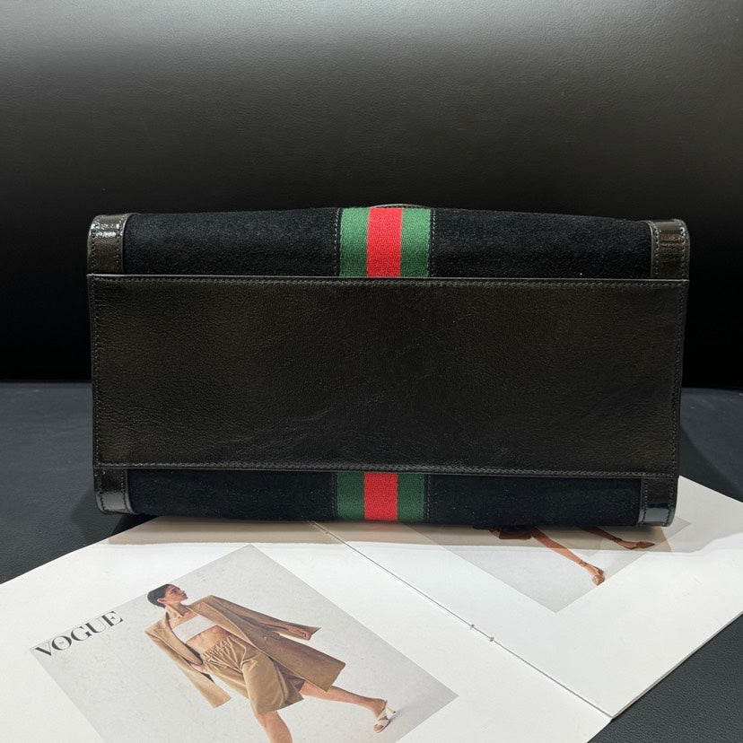Gucci Black Suede Leather Stripe Tote Bag xxcm