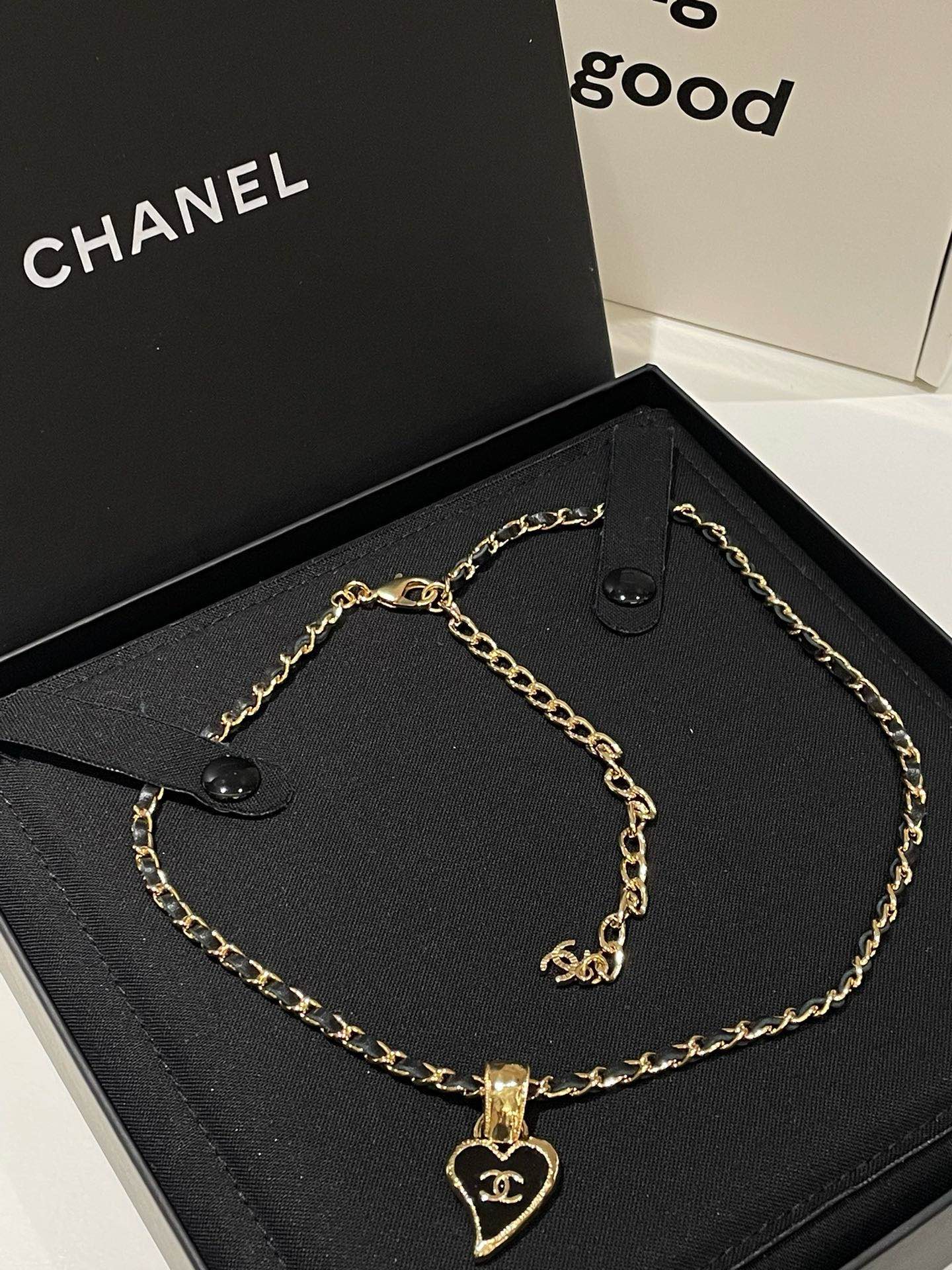 Chanel 22P Heart Necklace Black Gold Pendant Necklace