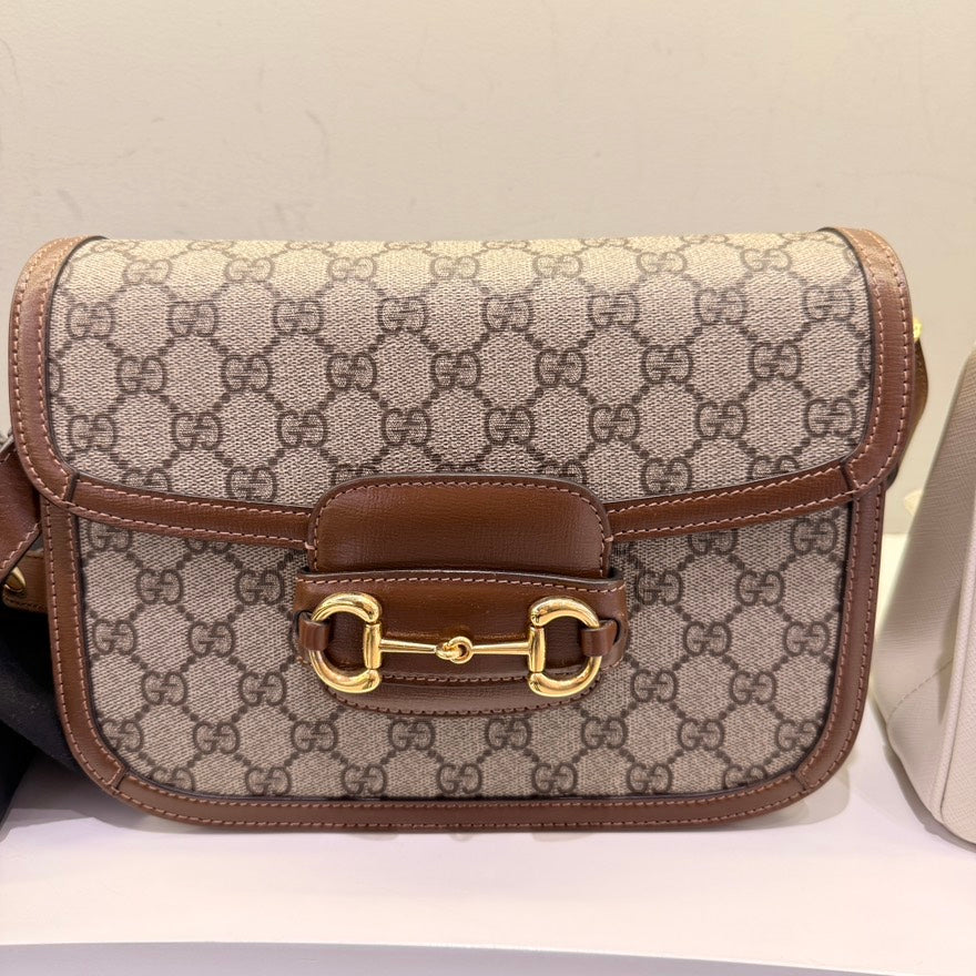 Gucci Horsebit Beige/Brown Canvas Shoulder Bag