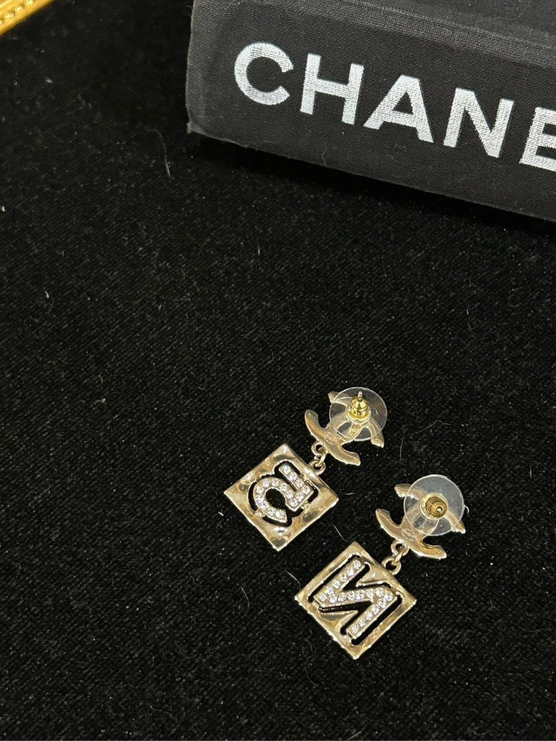 Chanel N5 CC Square Stud Earrings Diamond-Embellished Gold Earrings