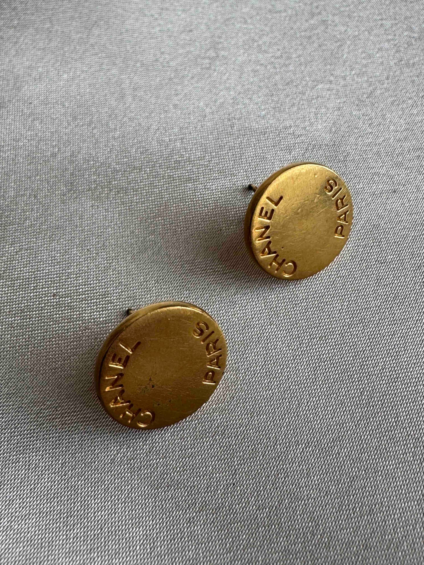Chanel Paris Stud Earrings Gold Tone RE91430900