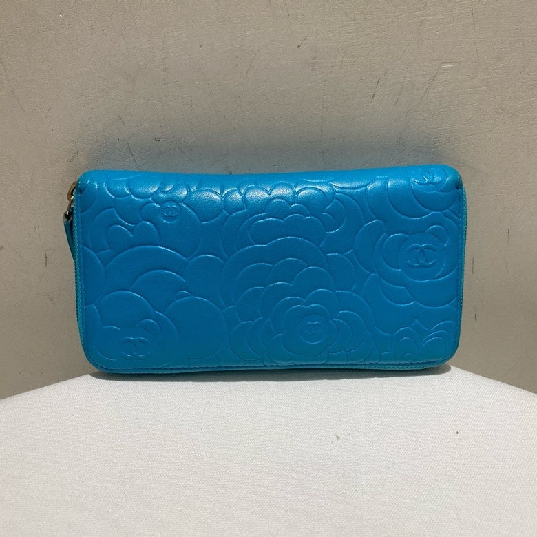 Chanel Camellia Embossed Blue Long Wallet with