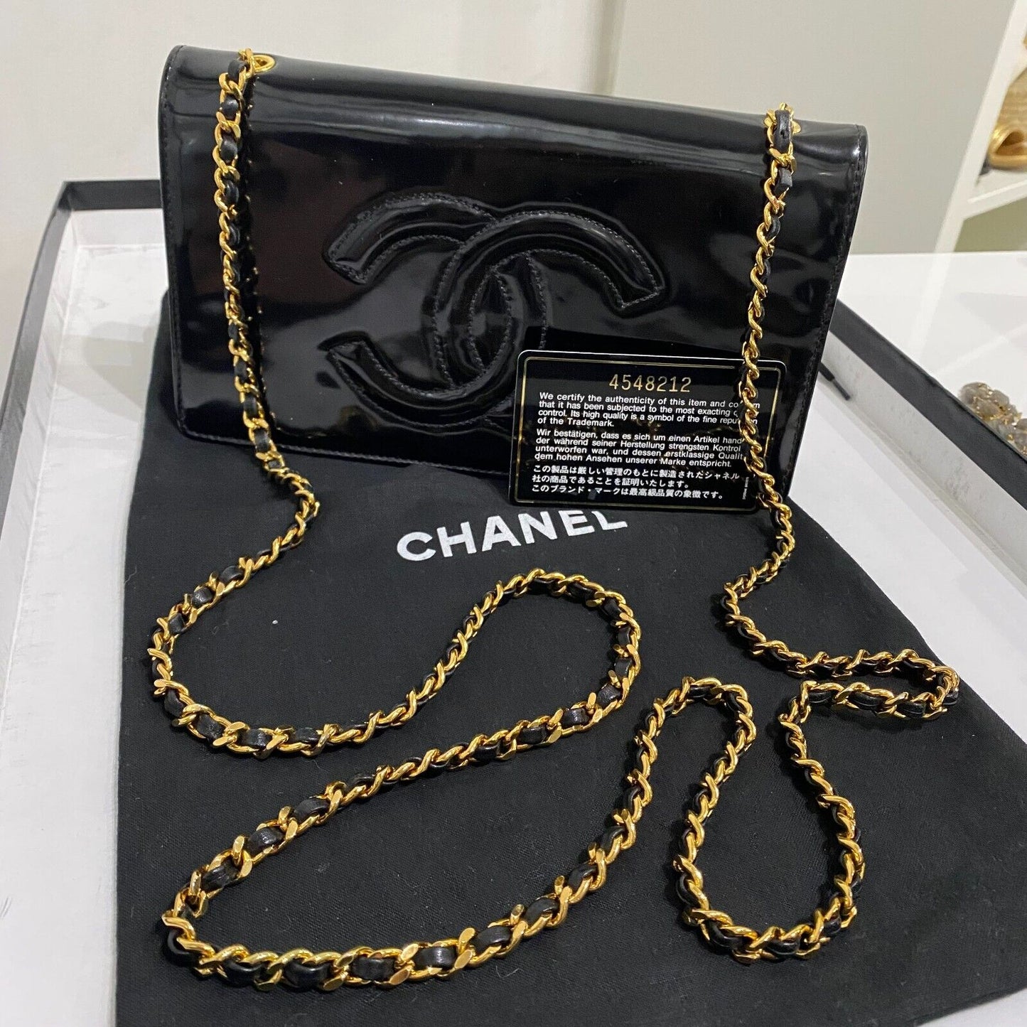 Chanel Black Patent Leather CC Logo Wallet On Chain WOC Bag