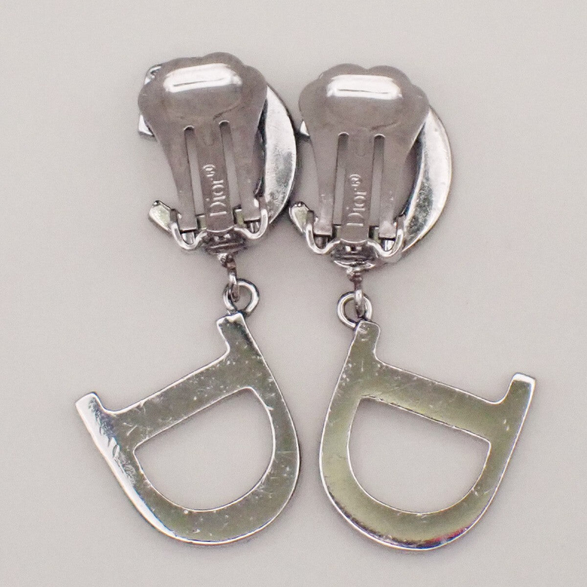 Christian Dior Cd Logo Rhinestone Drop Earrings Clip-On Rhinestone,Silver Plated Silver Silver_Plated Earrings Jewelry ()