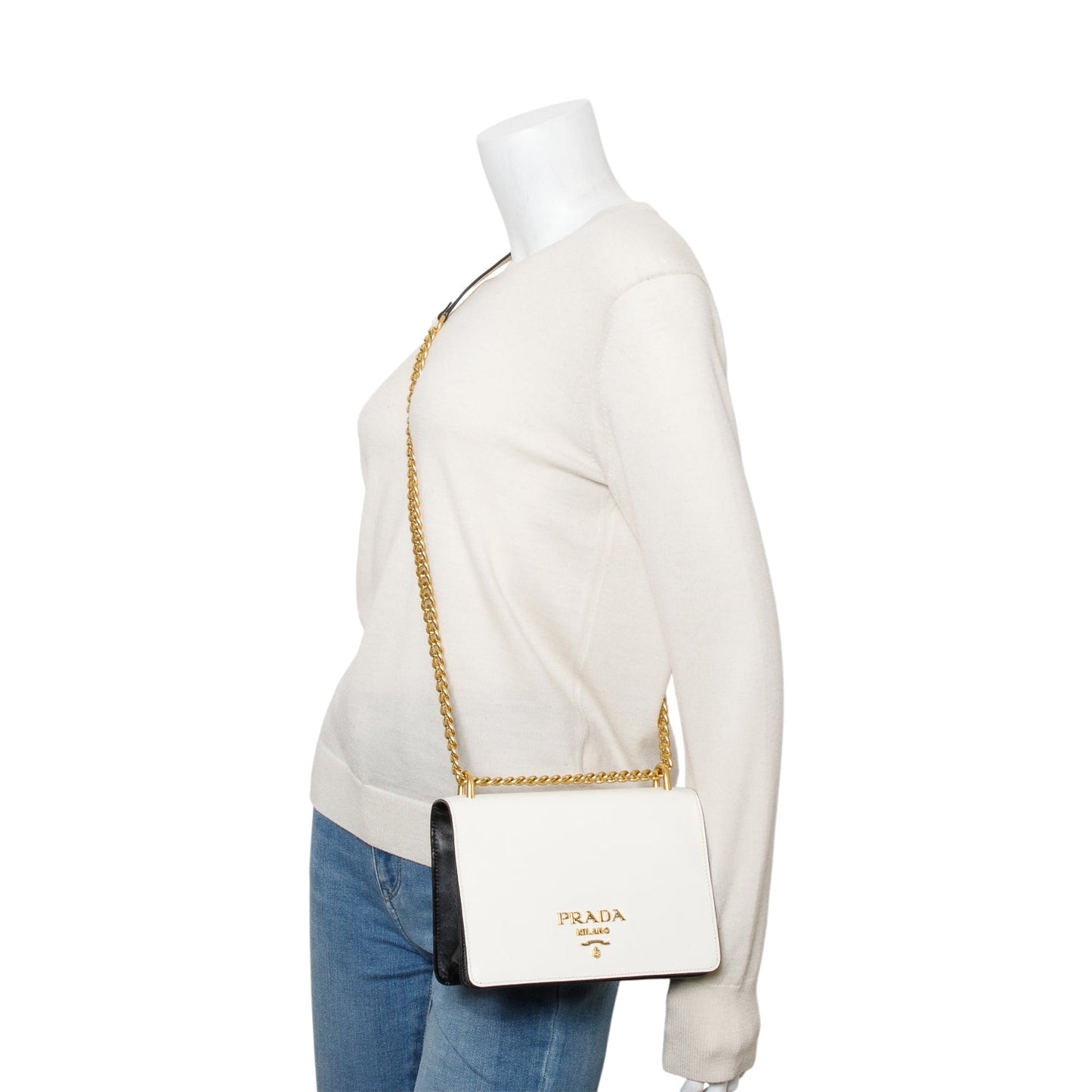 Prada White/Black Saffiano Lux Chain Shoulder Bag