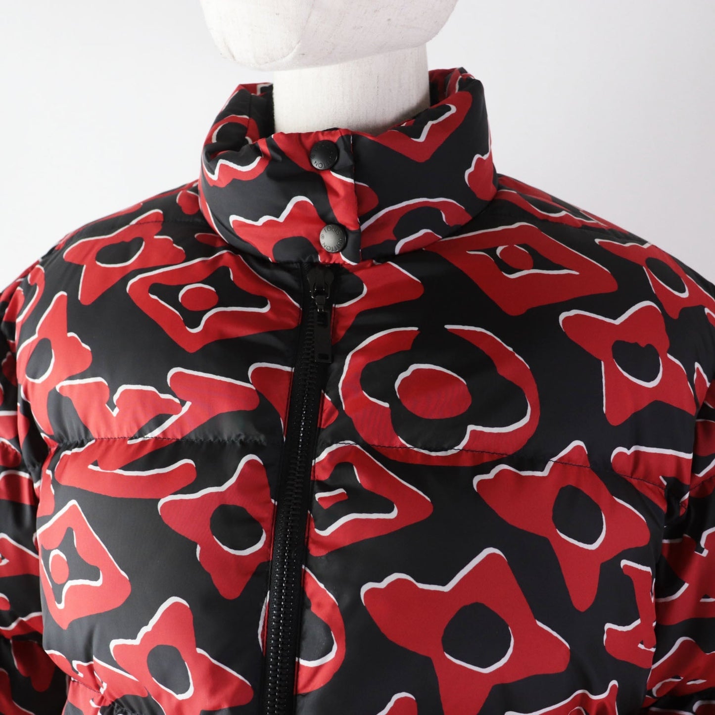 LOUIS VUITTON Down jacket Outer: 100% polyester, Lining: 53% rayon, Lining: 47% cupra, Filling: 90% down, Filling: 10% feather Red black Tufted monogram Women 38