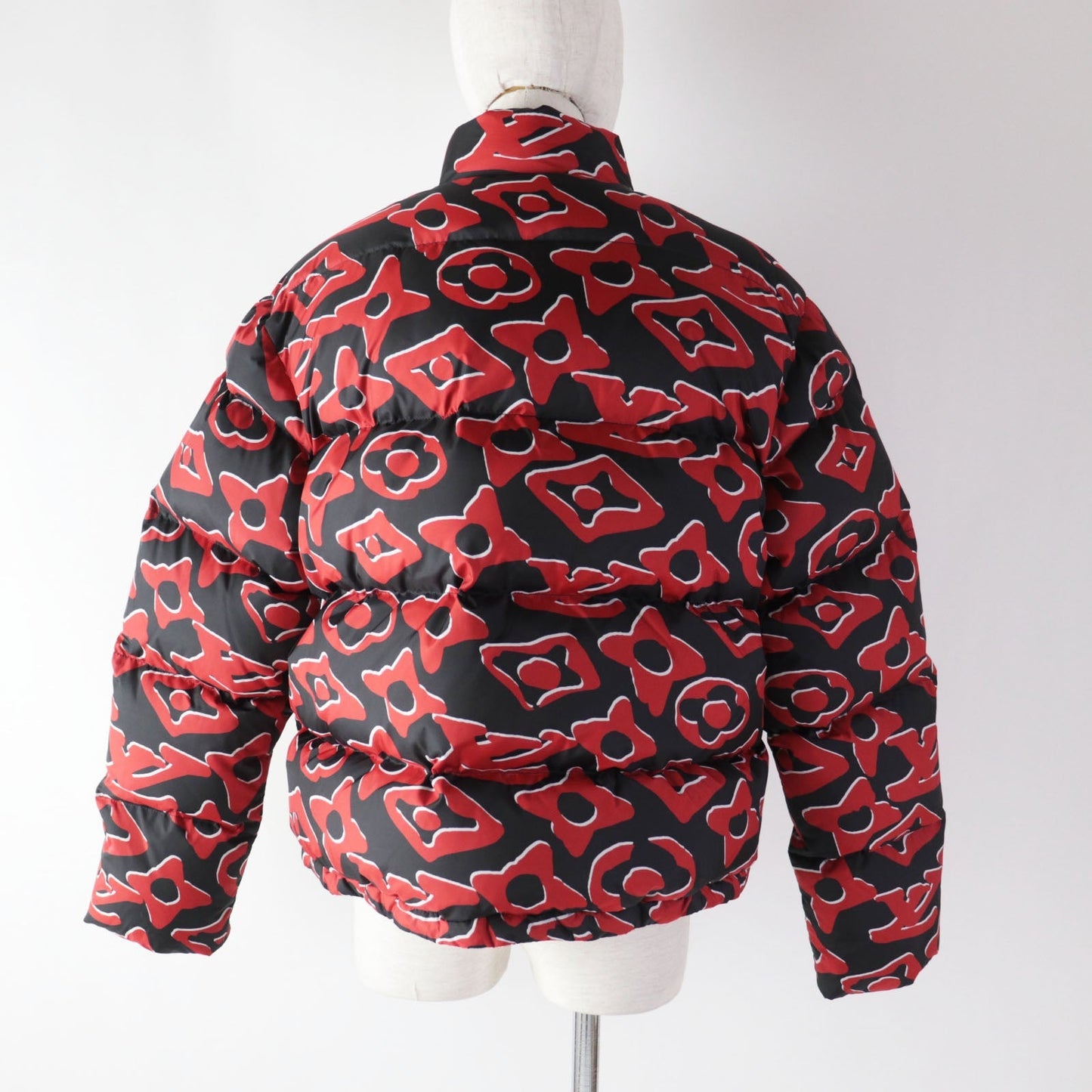 LOUIS VUITTON Down jacket Outer: 100% polyester, Lining: 53% rayon, Lining: 47% cupra, Filling: 90% down, Filling: 10% feather Red black Tufted monogram Women 38