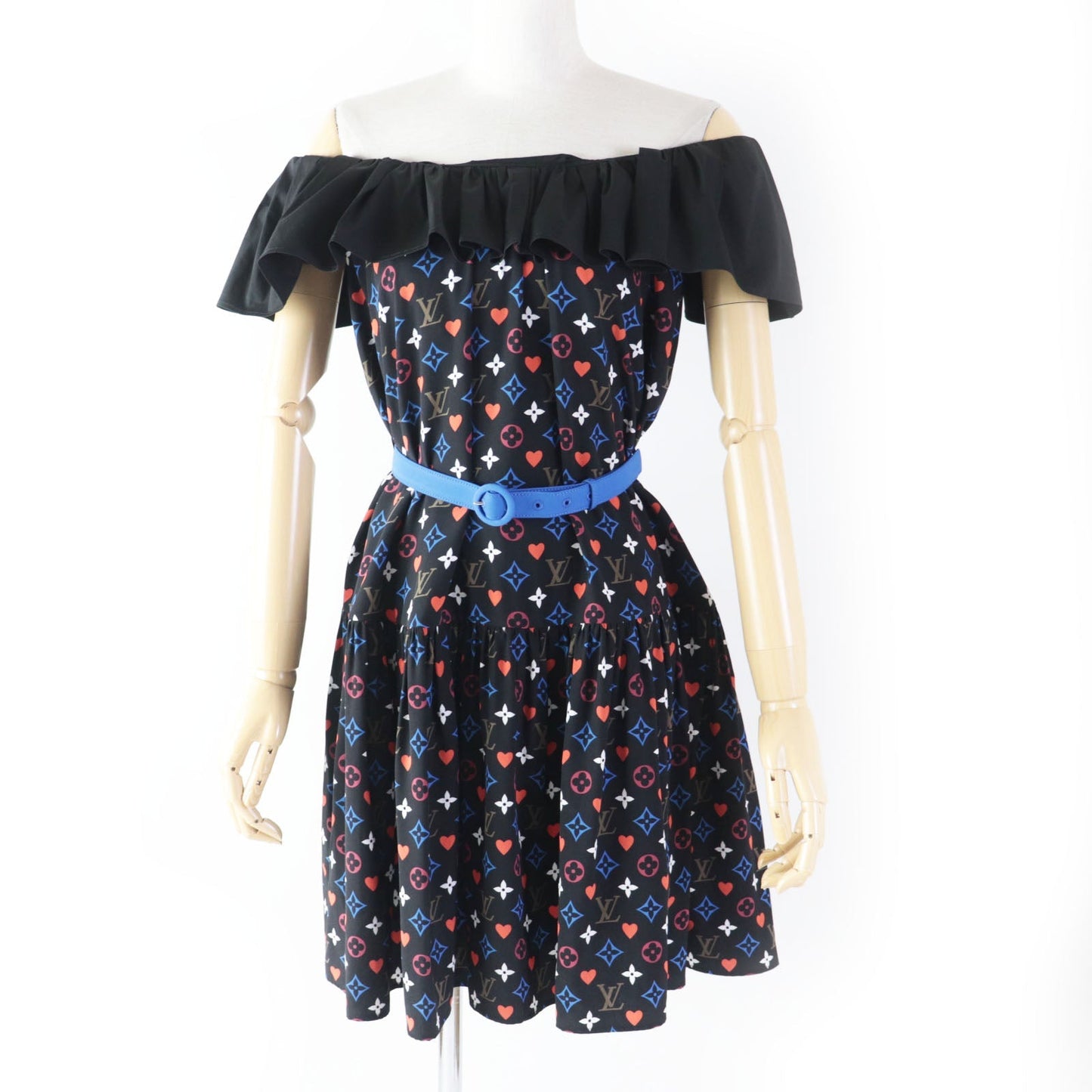 LOUIS VUITTON dress FK‚cR51 Outer material: 100% silk, part: 90% cotton, part: 7% nylon, part: 3% polyurethane black multi Game On Ruffle Scoop Neck Babydoll Dress Women 36