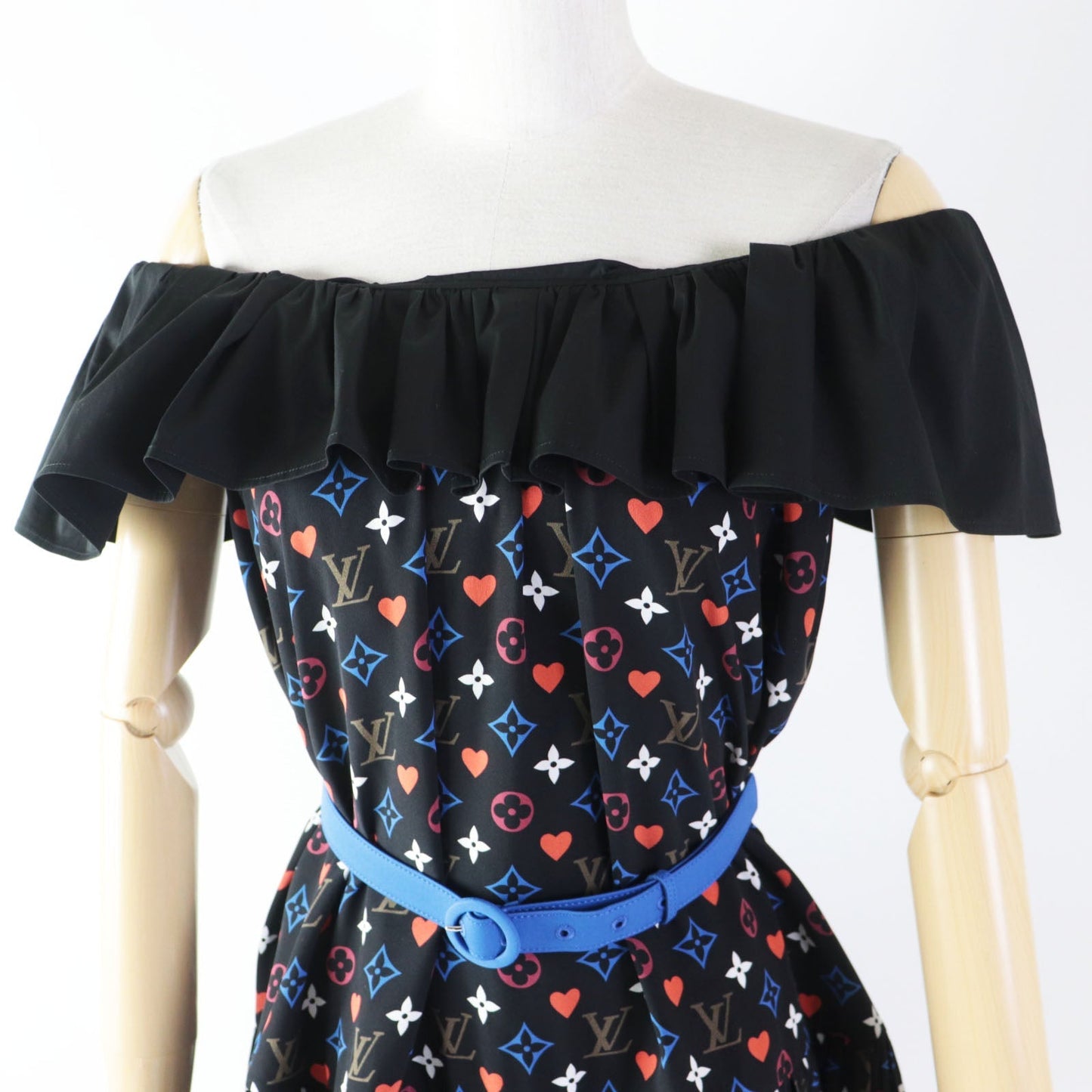 LOUIS VUITTON dress FK‚cR51 Outer material: 100% silk, part: 90% cotton, part: 7% nylon, part: 3% polyurethane black multi Game On Ruffle Scoop Neck Babydoll Dress Women 36