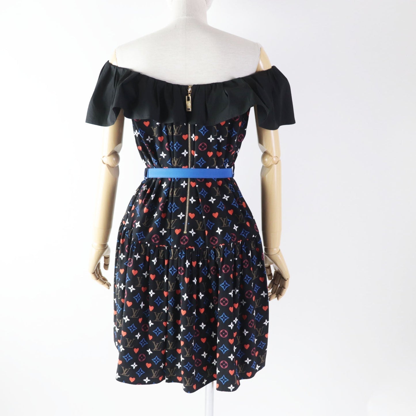 LOUIS VUITTON dress FK?R51 silk black multi Game On Ruffle Scoop Neck Babydoll Dress 36