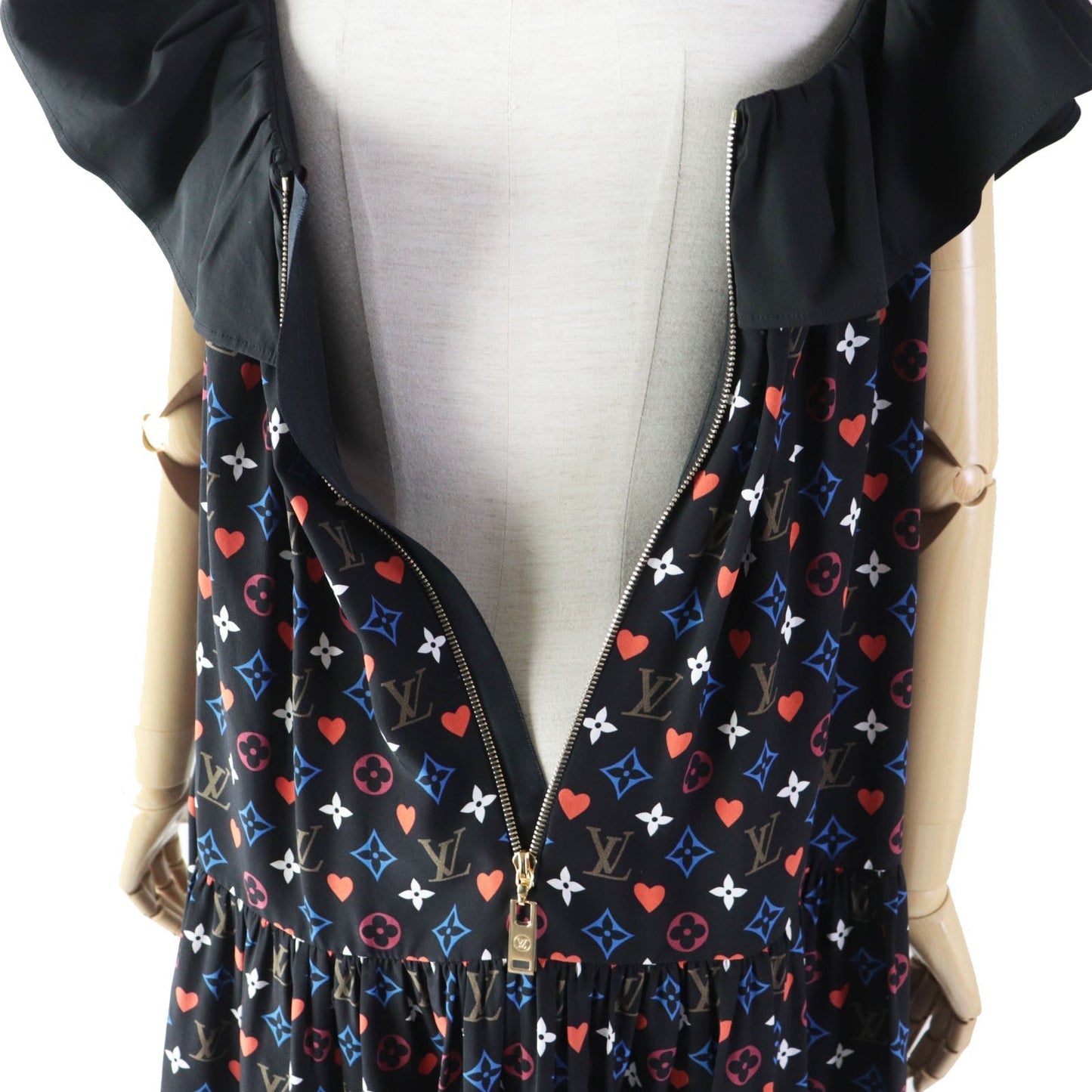 LOUIS VUITTON dress FK?R51 silk black multi Game On Ruffle Scoop Neck Babydoll Dress 36