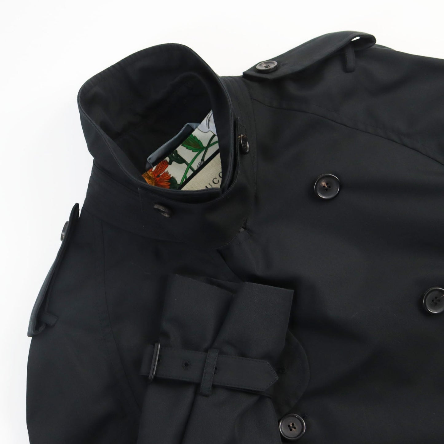 GUCCI trench coat 572881 Outer: 67% cotton, Outer: 33% polyamide (nylon), Part: 100% leather, Lining: 68% rayon, Lining: 32% silk, Lining: 100% silk black mens 42