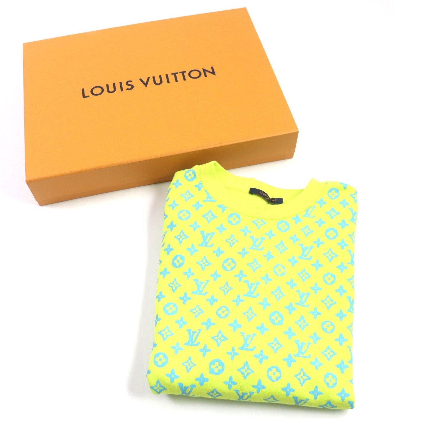 LOUIS VUITTON sweat Main: 100% cotton Lime Light Blue Monogram Print Chewneck Sweat Shirt mens XL