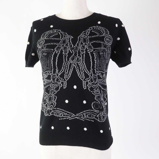 HERMES Short sleeve knit cashmere Black White BRIDES de GALA Ceremony Bridle 34